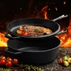 Black cast iron cookware set of 3 pieces, kitchen utensils for stewing, frying and stir-frying Specification image